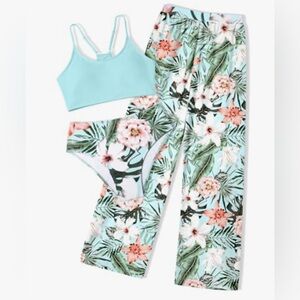 Girls Swimsuit 3 Piece Bikini Bathing Suit Tropical Floral Swim Cover Up Pants